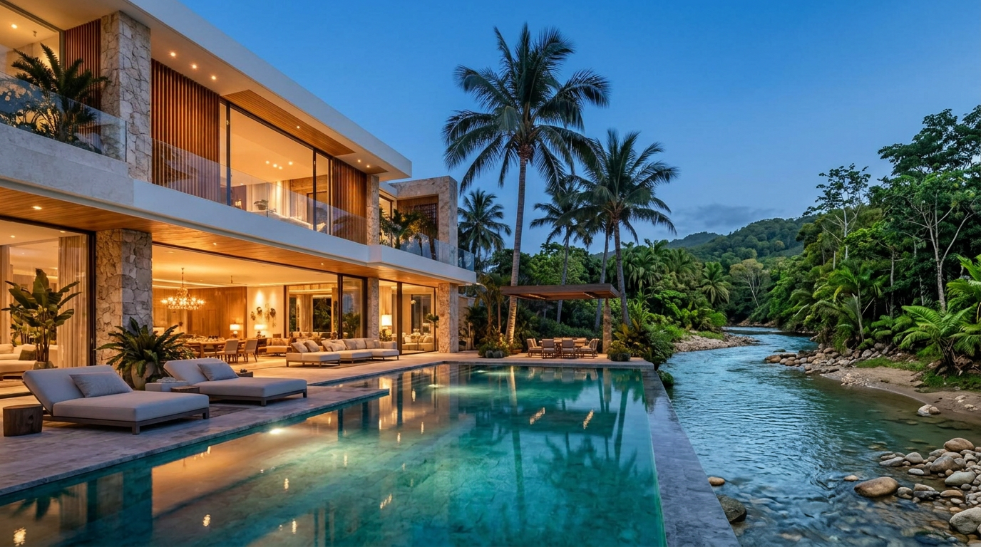 Visualización conceptual de una villa con piscina en la ribera de un río caribeño, rodeada de vegetación tropical y montañas